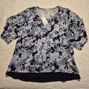 Rose + Olive women's 2X 3/4 sleeve 3 shade blue floral design navy trim NWT